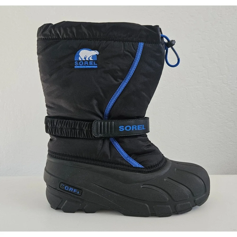 Sorel Flurry Snow Boots Youth 6 Black Blue Waterproof Warm Lining NY1810-010